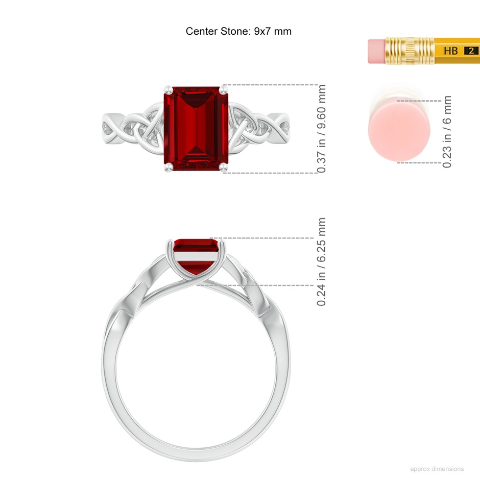 9x7mm Labgrown Lab-Grown Emerald-Cut Ruby Celtic Knot Engagement Ring in White Gold ruler