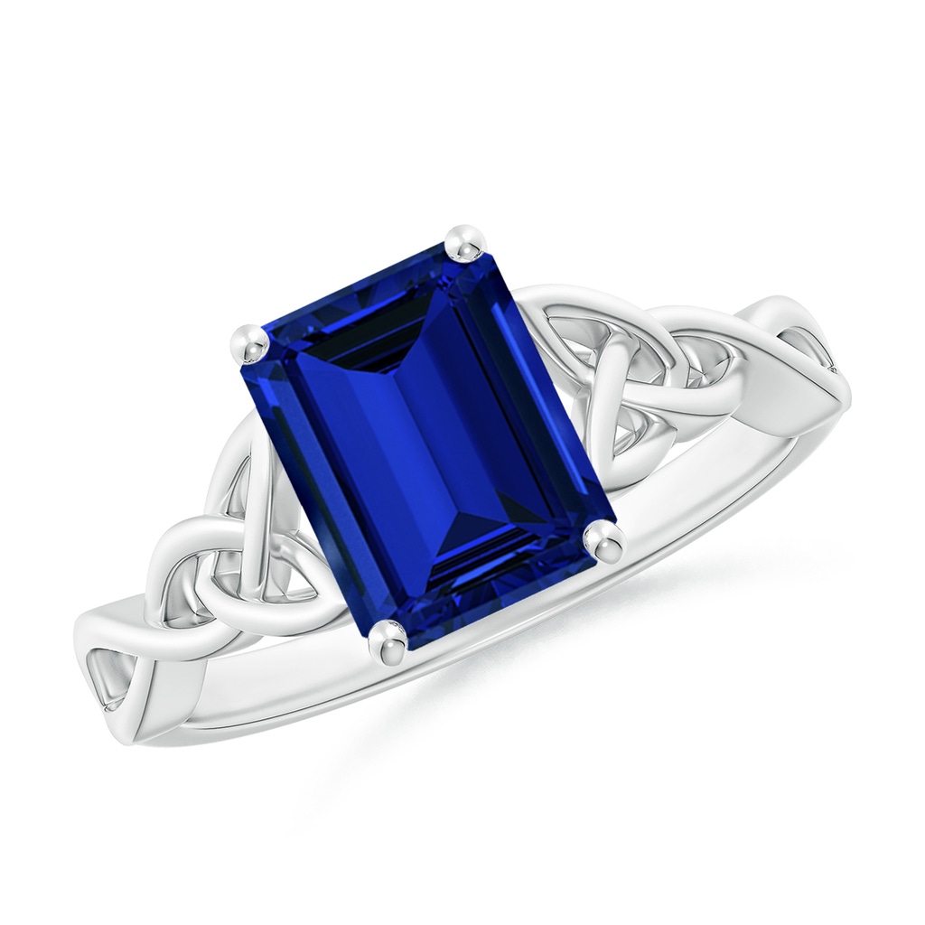 9x7mm Labgrown Lab-Grown Emerald-Cut Blue Sapphire Celtic Knot Engagement Ring in White Gold