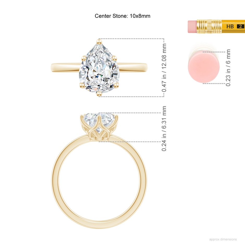 10x8mm FGVS Lab-Grown Pear-Shaped Diamond Solitaire Classic Engagement Ring in Yellow Gold ruler