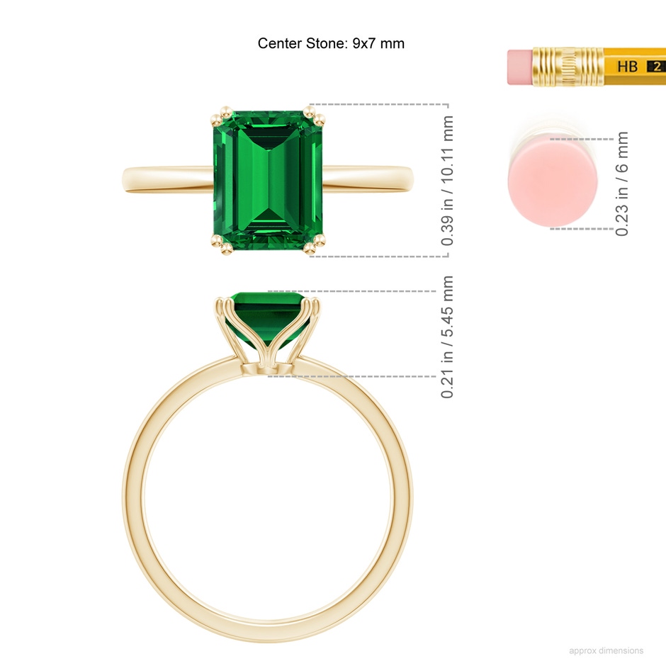 9x7mm Labgrown Lab-Grown Emerald-Cut Emerald Solitaire Classic Engagement Ring in Yellow Gold ruler