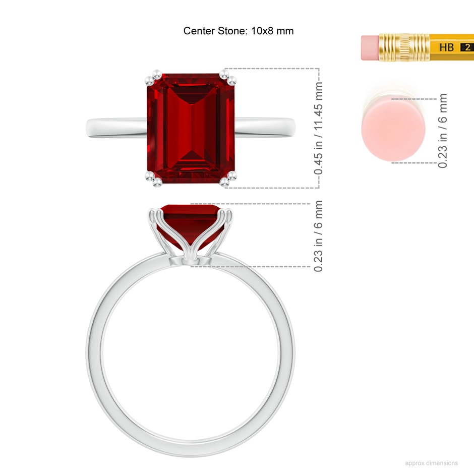 10x8mm Labgrown Lab-Grown Emerald-Cut Ruby Solitaire Classic Engagement Ring in 18K White Gold ruler