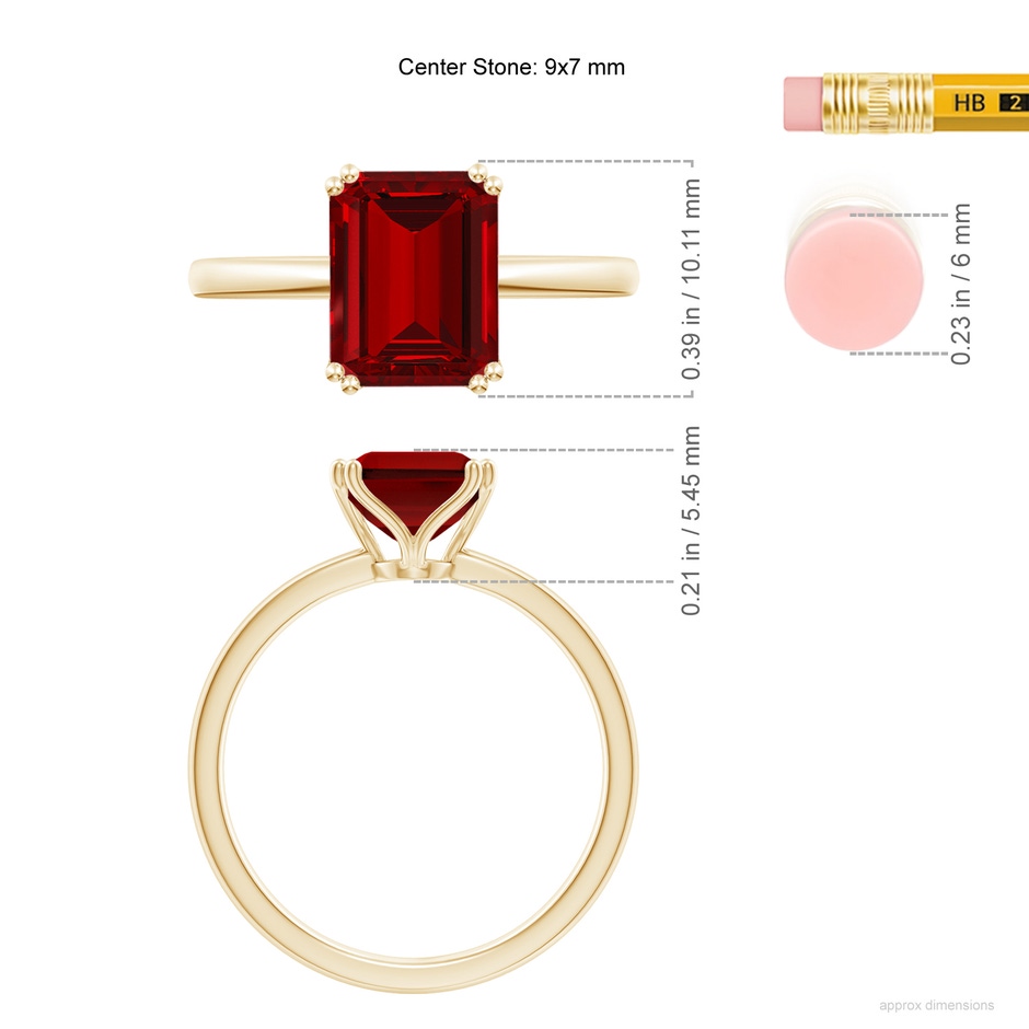 9x7mm Labgrown Lab-Grown Emerald-Cut Ruby Solitaire Classic Engagement Ring in 9K Yellow Gold ruler