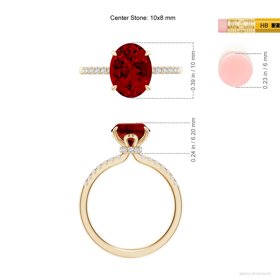 10x8mm Labgrown Lab-Grown Oval Ruby Hidden Halo Engagement Ring in Yellow Gold ruler