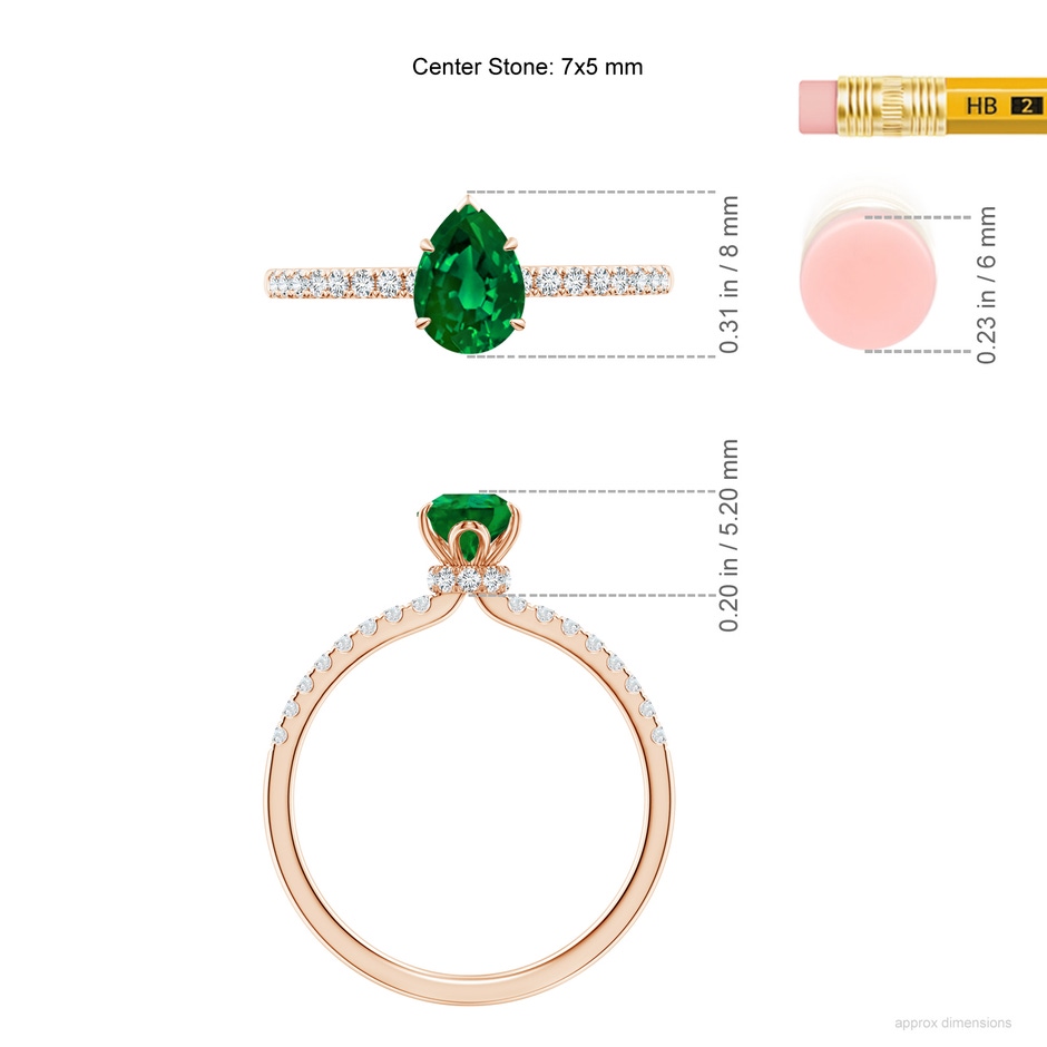 7x5mm Labgrown Lab-Grown Pear-Shaped Emerald Hidden Halo Engagement Ring in Rose Gold ruler