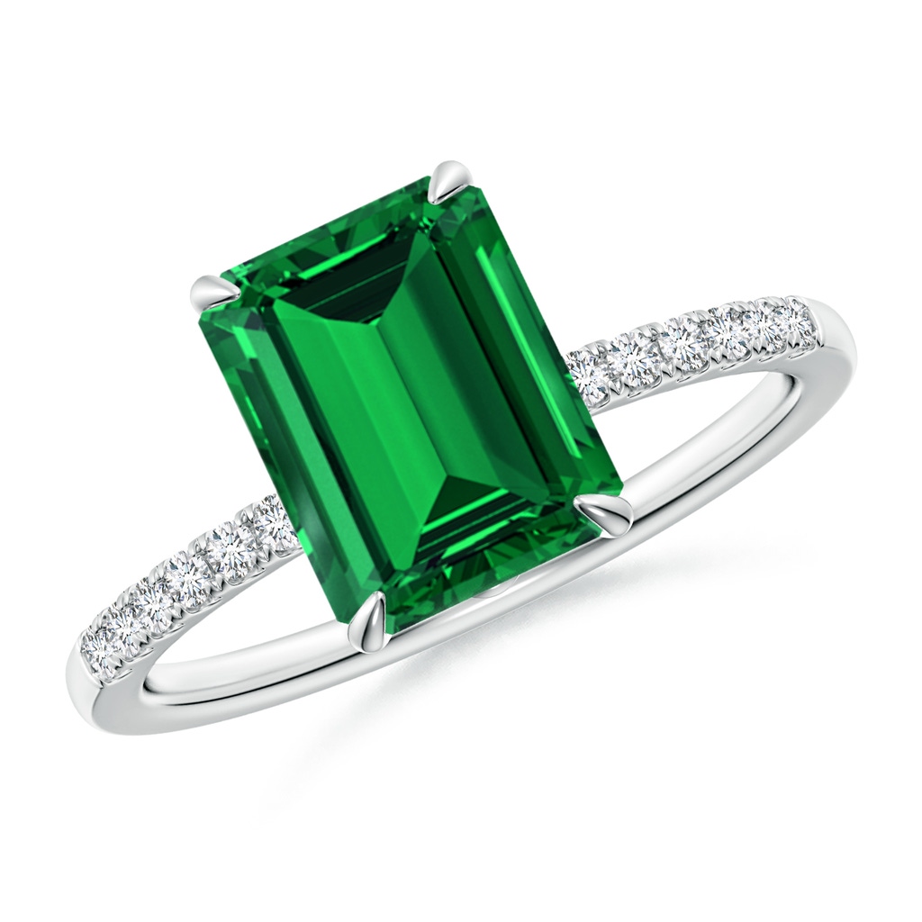 9x7mm Labgrown Lab-Grown Emerald-Cut Emerald Hidden Halo Engagement Ring in White Gold