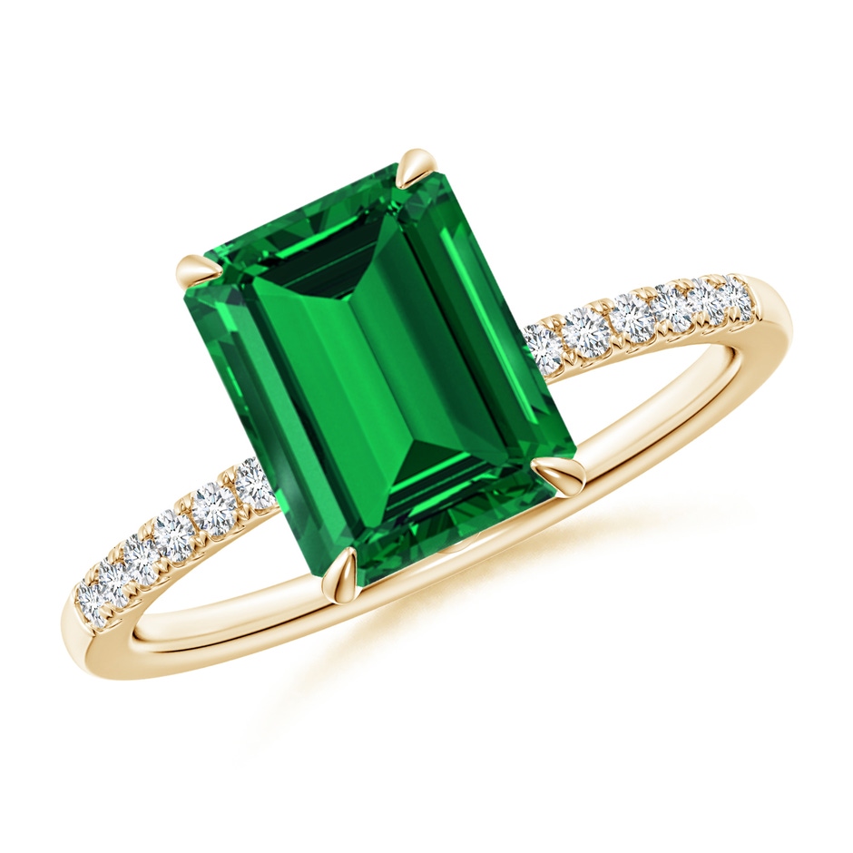 9x7mm Labgrown Lab-Grown Emerald-Cut Emerald Hidden Halo Engagement Ring in Yellow Gold 