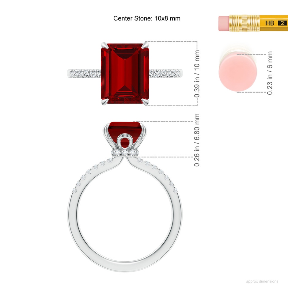10x8mm Labgrown Lab-Grown Emerald-Cut Ruby Hidden Halo Engagement Ring in 18K White Gold ruler