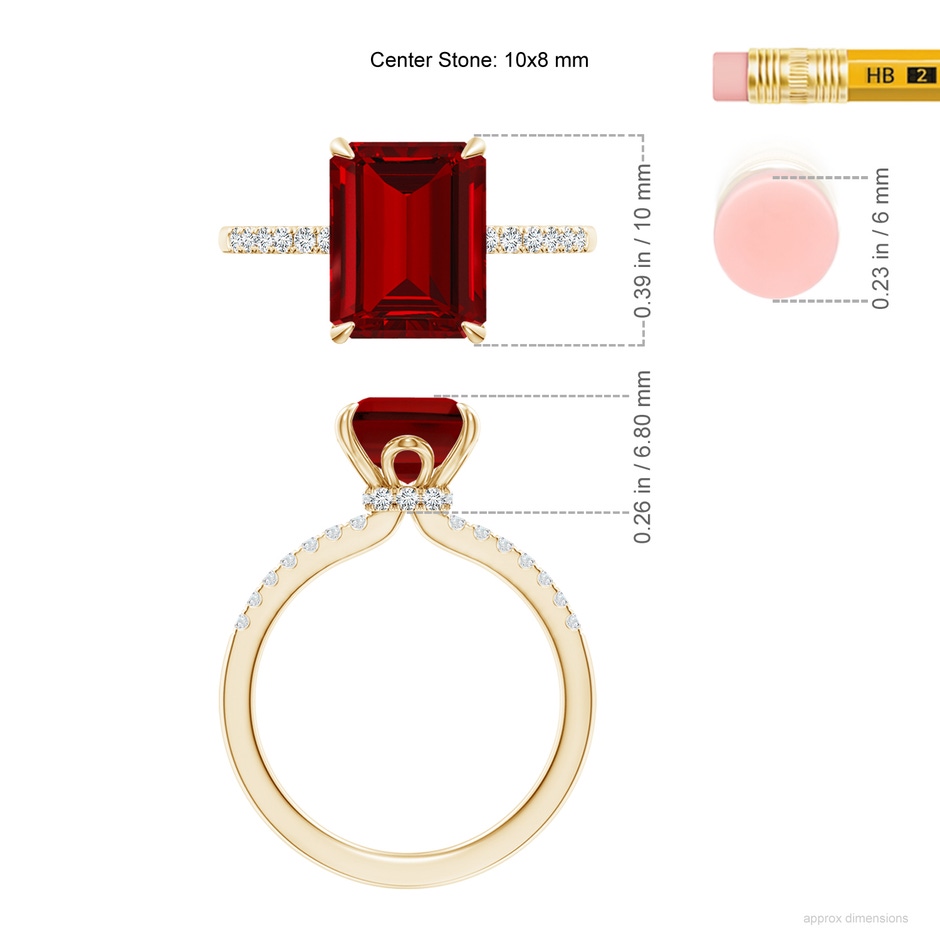 10x8mm Labgrown Lab-Grown Emerald-Cut Ruby Hidden Halo Engagement Ring in 18K Yellow Gold ruler
