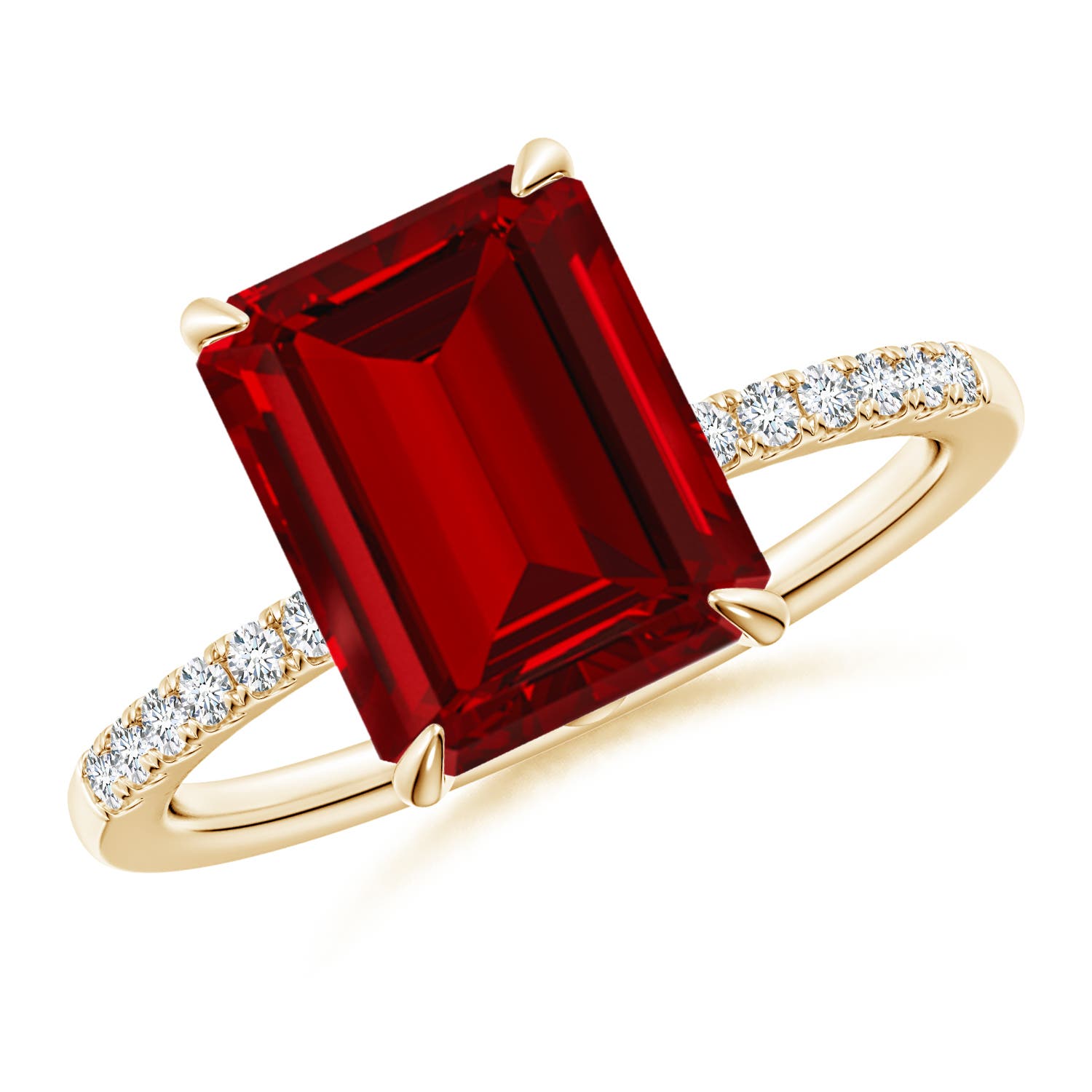 10x8mm Labgrown Lab-Grown Emerald-Cut Ruby Hidden Halo Engagement Ring in Yellow Gold