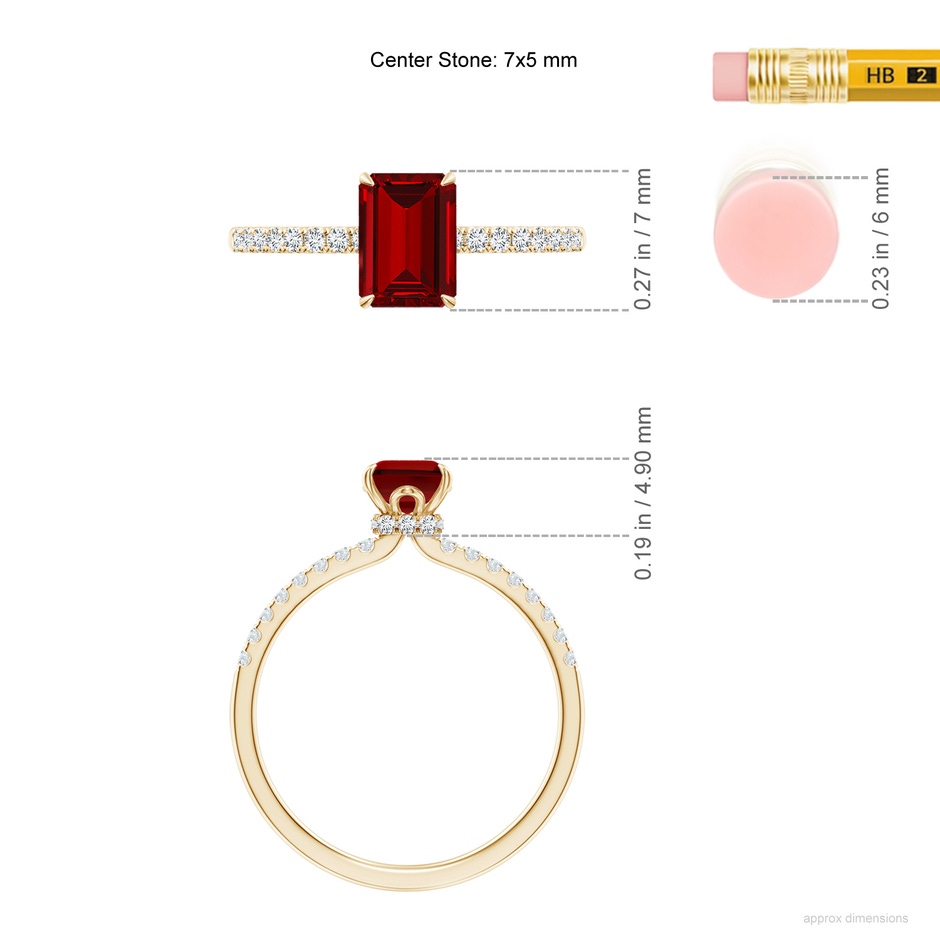 7x5mm Labgrown Lab-Grown Emerald-Cut Ruby Hidden Halo Engagement Ring in Yellow Gold ruler
