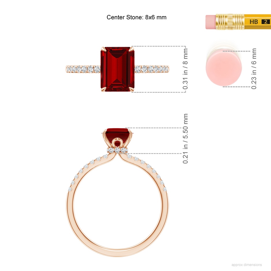 8x6mm Labgrown Lab-Grown Emerald-Cut Ruby Hidden Halo Engagement Ring in Rose Gold ruler