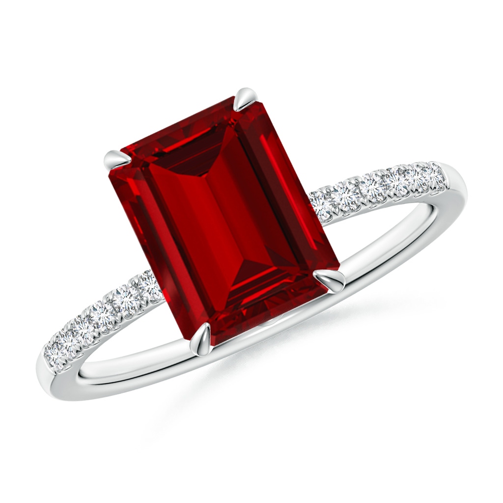 9x7mm Labgrown Lab-Grown Emerald-Cut Ruby Hidden Halo Engagement Ring in White Gold