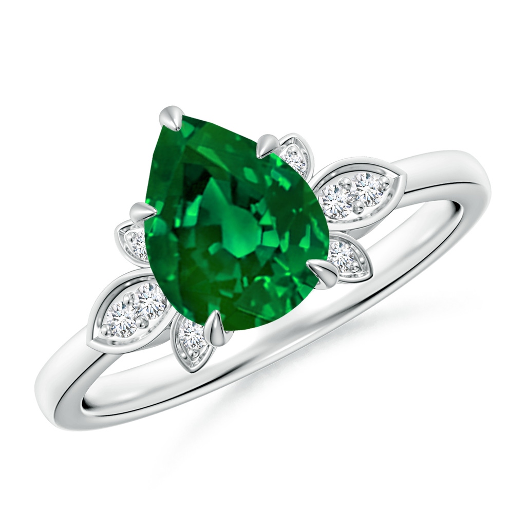 9x7mm Labgrown Lab-Grown Nature-Inspired Pear-Shaped Emerald Engagement Ring in White Gold