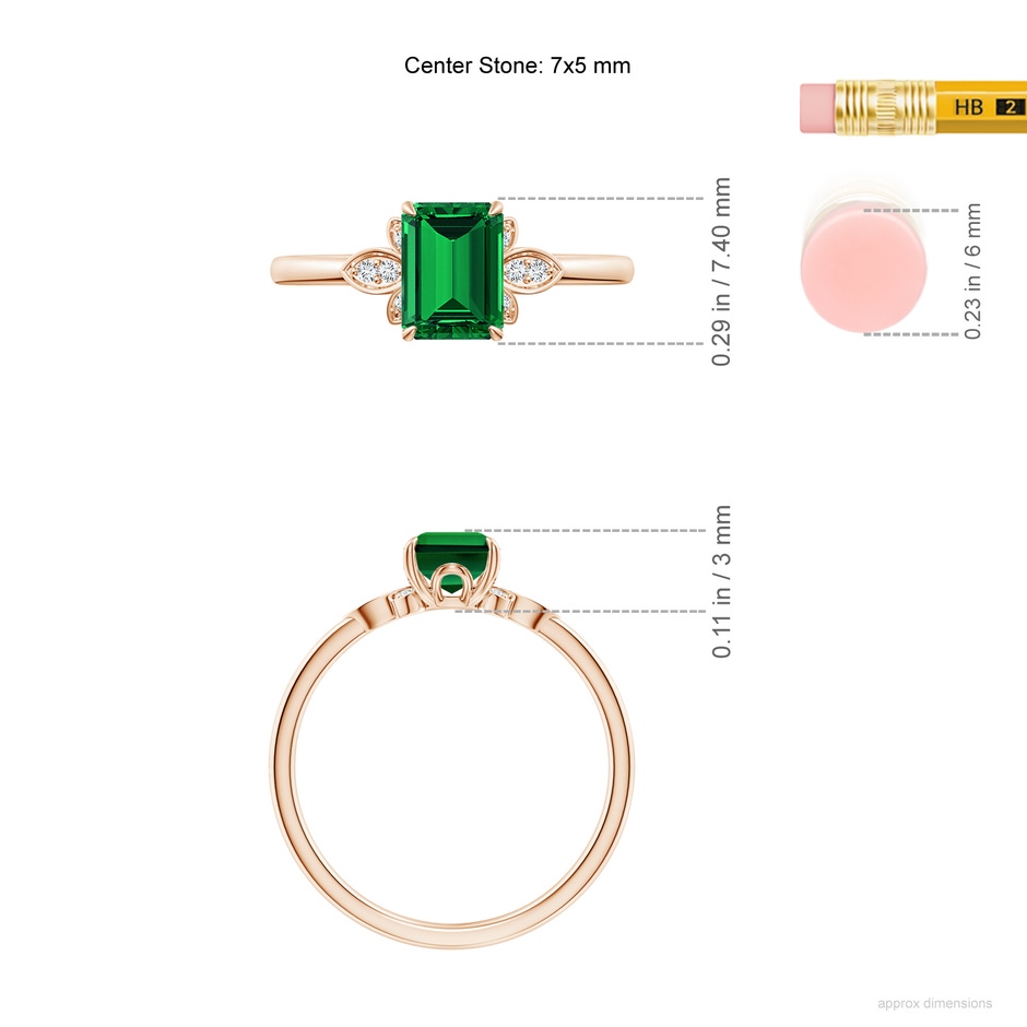 7x5mm Labgrown Lab-Grown Nature-Inspired Emerald-Cut Emerald Engagement Ring in Rose Gold ruler