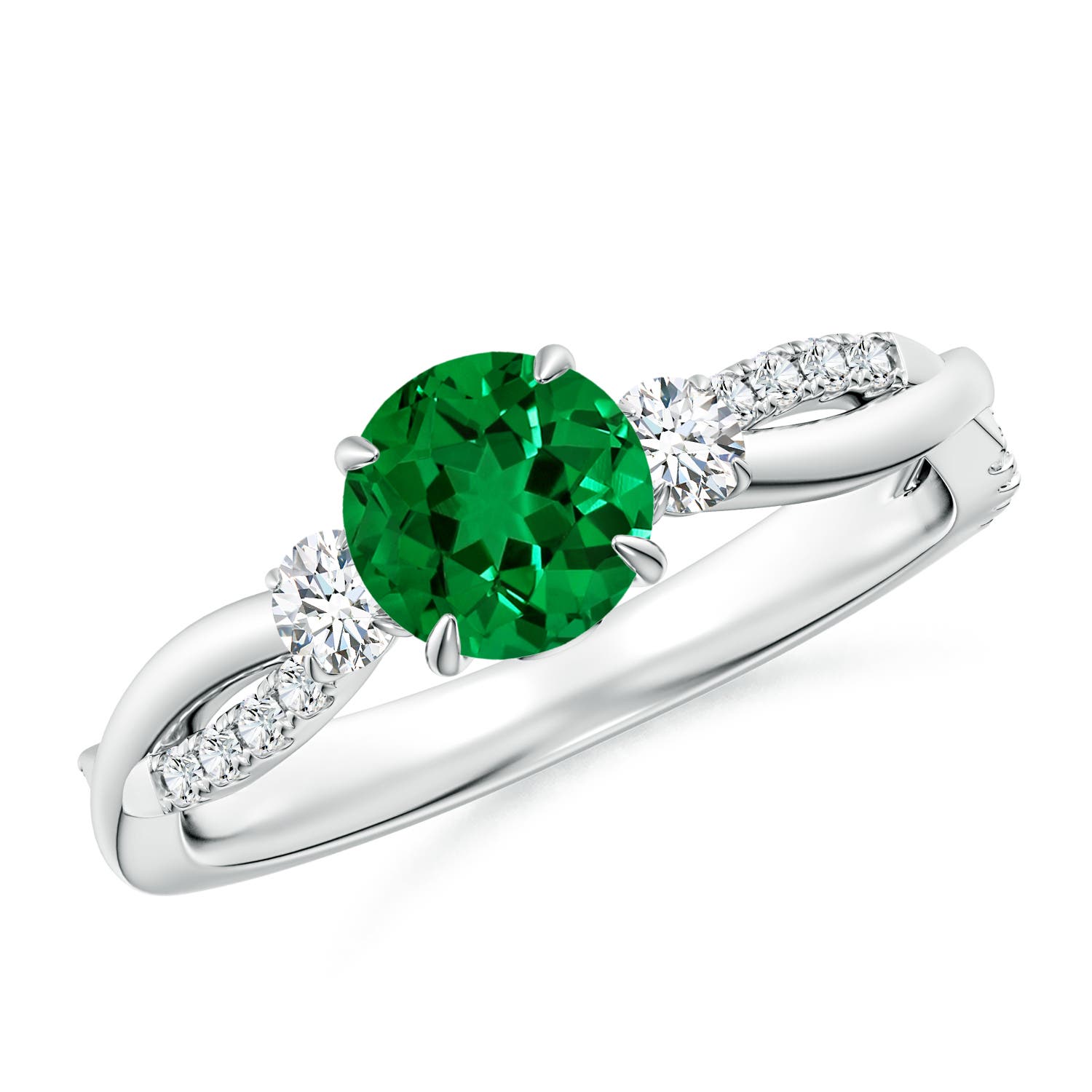 6mm Labgrown Lab-Grown Three Stone Round Emerald & Diamond Engagement Ring in 18K White Gold