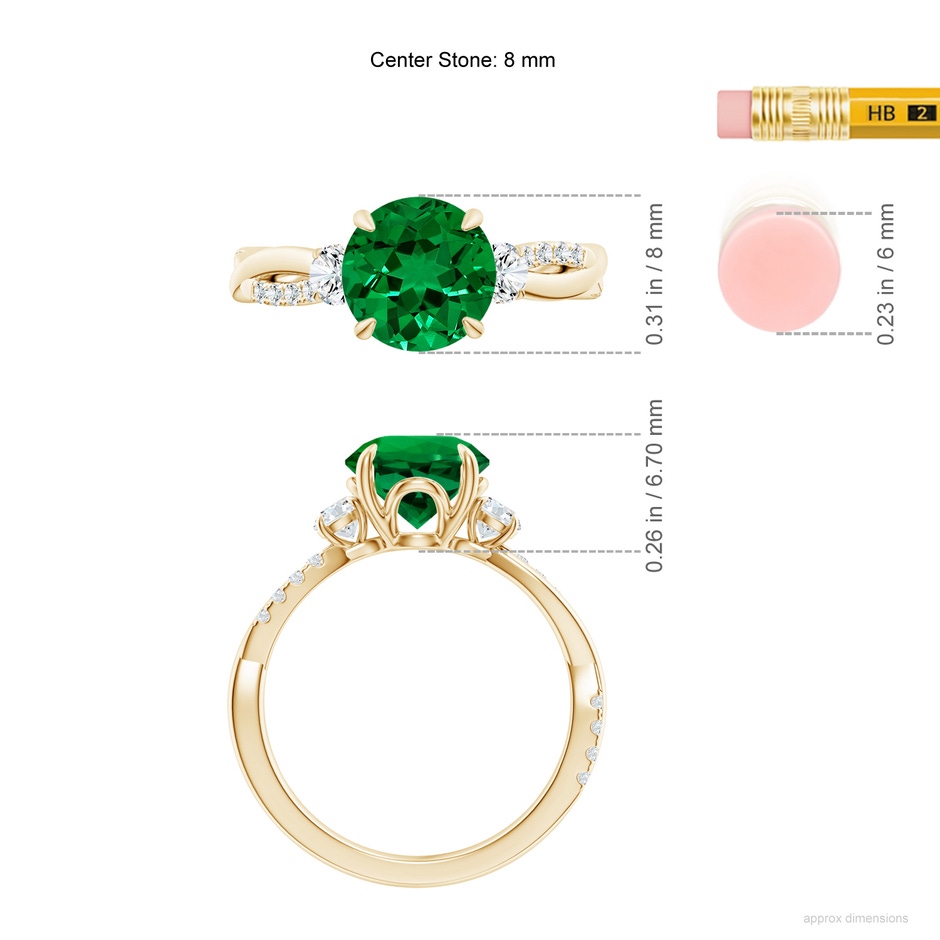 8mm Labgrown Lab-Grown Three Stone Round Emerald & Diamond Engagement Ring in Yellow Gold ruler