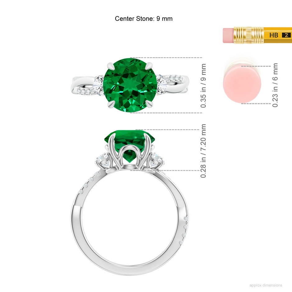 9mm Labgrown Lab-Grown Three Stone Round Emerald & Diamond Engagement Ring in White Gold ruler