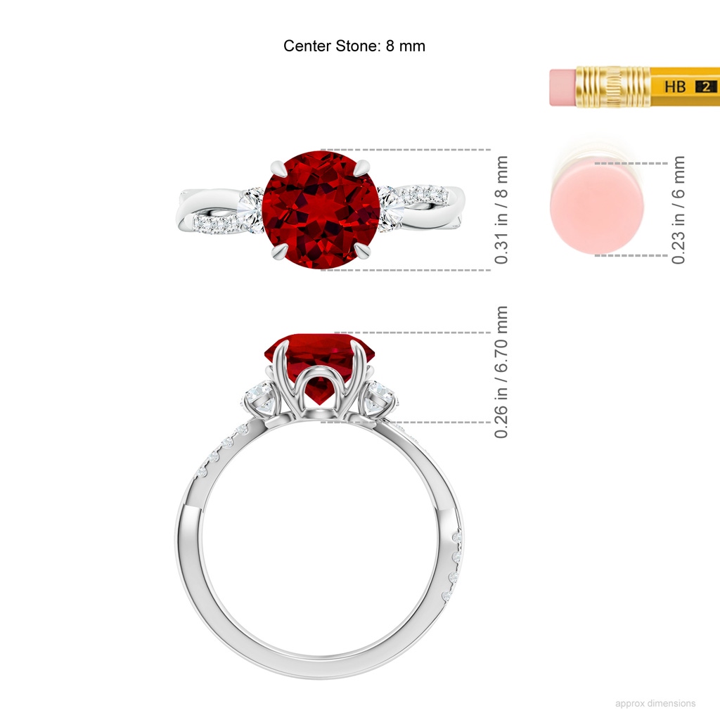 8mm Labgrown Lab-Grown Three Stone Round Ruby & Diamond Engagement Ring in White Gold ruler
