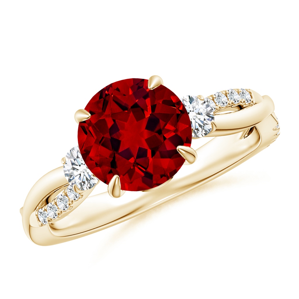 8mm Labgrown Lab-Grown Three Stone Round Ruby & Diamond Engagement Ring in Yellow Gold