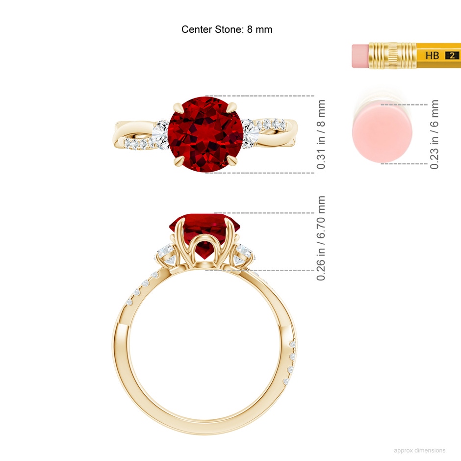 8mm Labgrown Lab-Grown Three Stone Round Ruby & Diamond Engagement Ring in Yellow Gold ruler