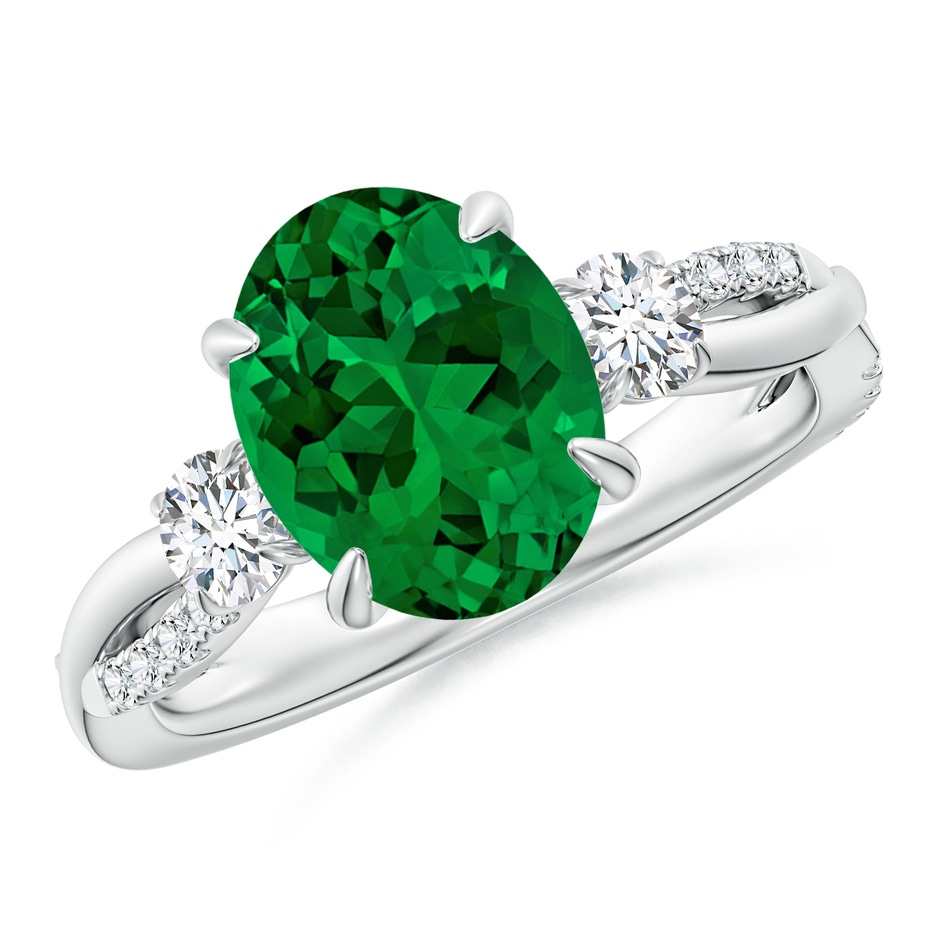 10x8mm Labgrown Lab-Grown Three Stone Oval Emerald & Round Diamond Engagement Ring in White Gold 
