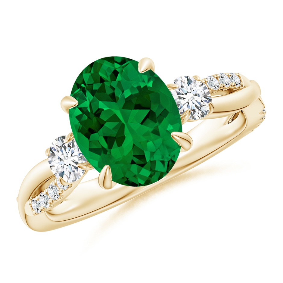 10x8mm Labgrown Lab-Grown Three Stone Oval Emerald & Round Diamond Engagement Ring in Yellow Gold 