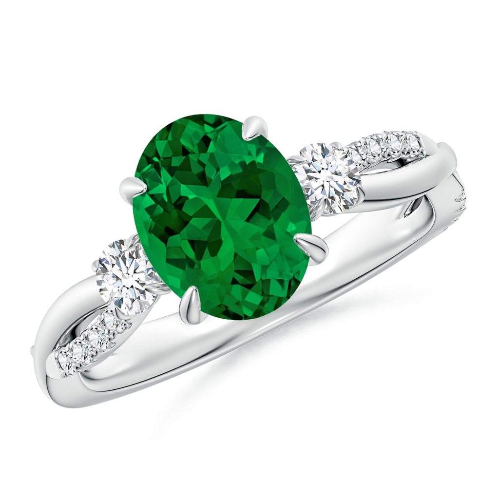 9x7mm Labgrown Lab-Grown Three Stone Oval Emerald & Round Diamond Engagement Ring in White Gold