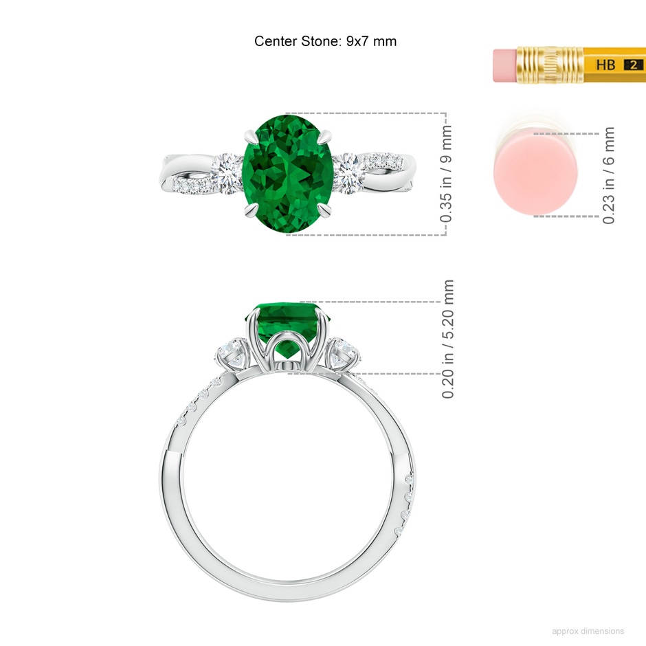 9x7mm Labgrown Lab-Grown Three Stone Oval Emerald & Round Diamond Engagement Ring in White Gold ruler