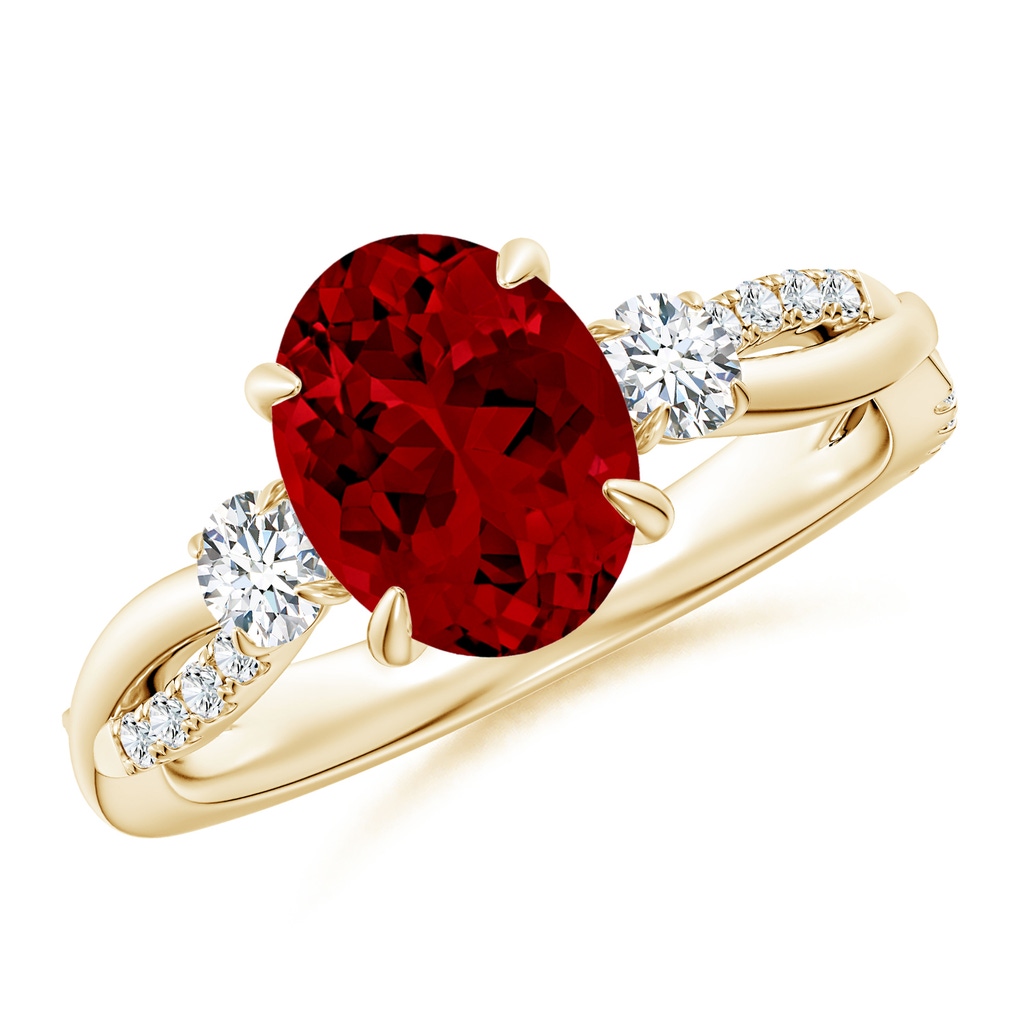 9x7mm Labgrown Lab-Grown Three Stone Oval Ruby & Round Diamond Engagement Ring in Yellow Gold