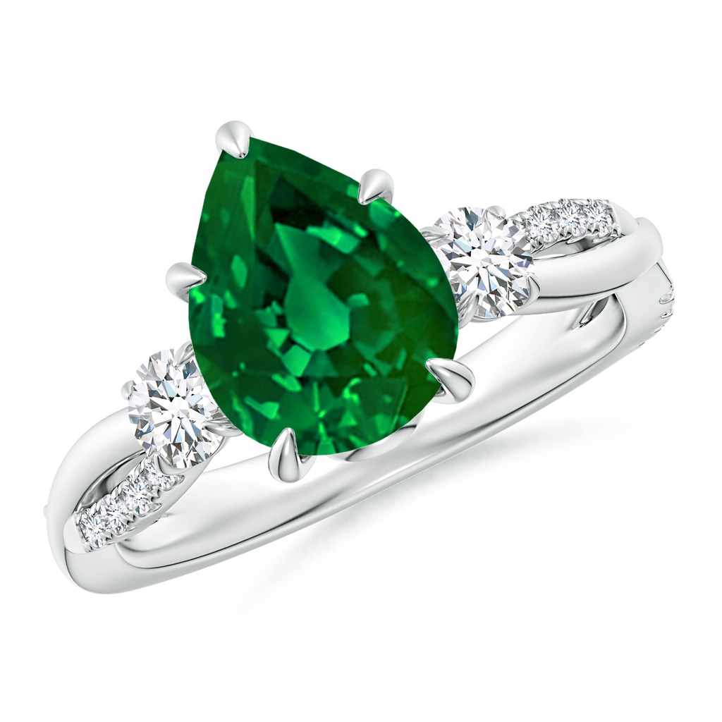 10x8mm Labgrown Lab-Grown Three Stone Pear Emerald & Round Diamond Engagement Ring in P950 Platinum