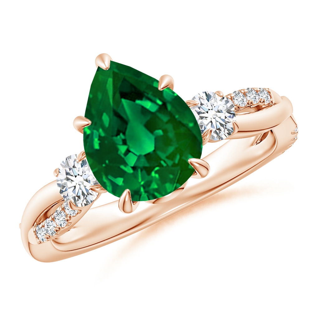 10x8mm Labgrown Lab-Grown Three Stone Pear Emerald & Round Diamond Engagement Ring in Rose Gold