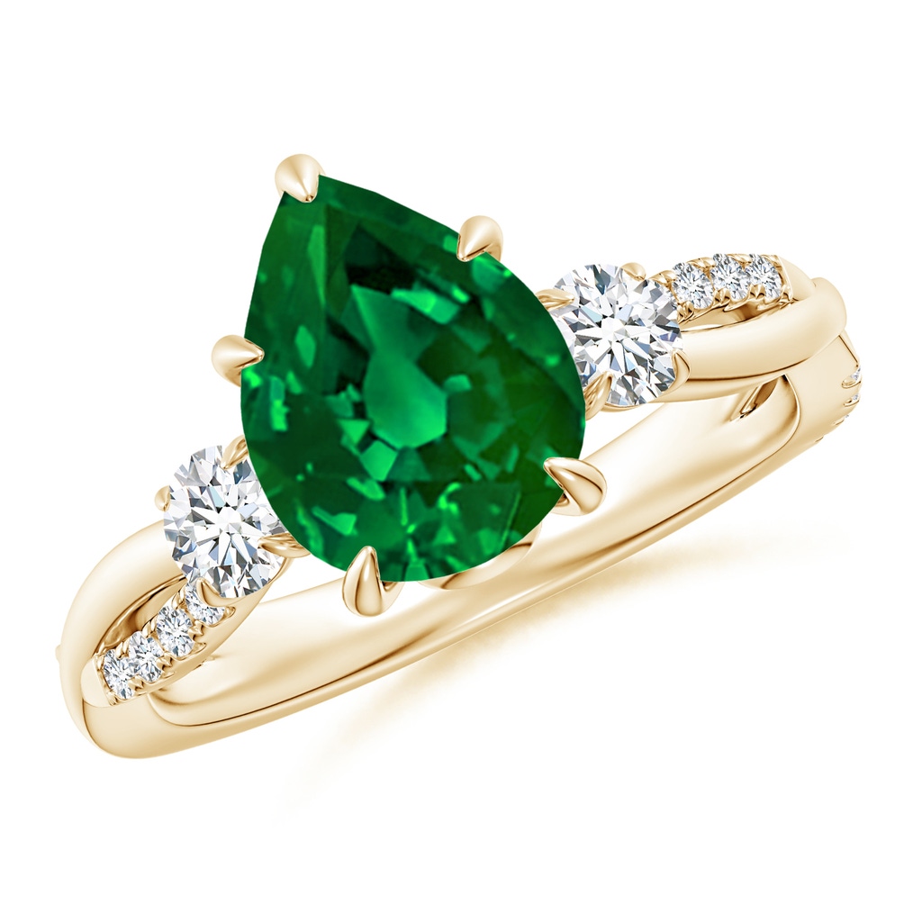 10x8mm Labgrown Lab-Grown Three Stone Pear Emerald & Round Diamond Engagement Ring in Yellow Gold