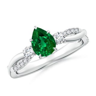7x5mm Labgrown Lab-Grown Three Stone Pear Emerald & Round Diamond Engagement Ring in P950 Platinum