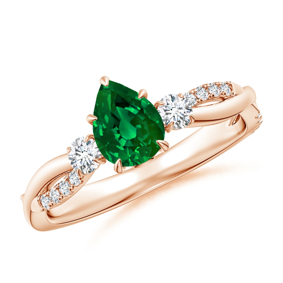 7x5mm Labgrown Lab-Grown Three Stone Pear Emerald & Round Diamond Engagement Ring in Rose Gold 
