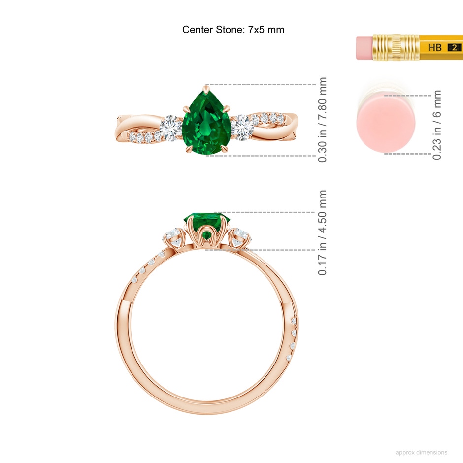 7x5mm Labgrown Lab-Grown Three Stone Pear Emerald & Round Diamond Engagement Ring in Rose Gold ruler