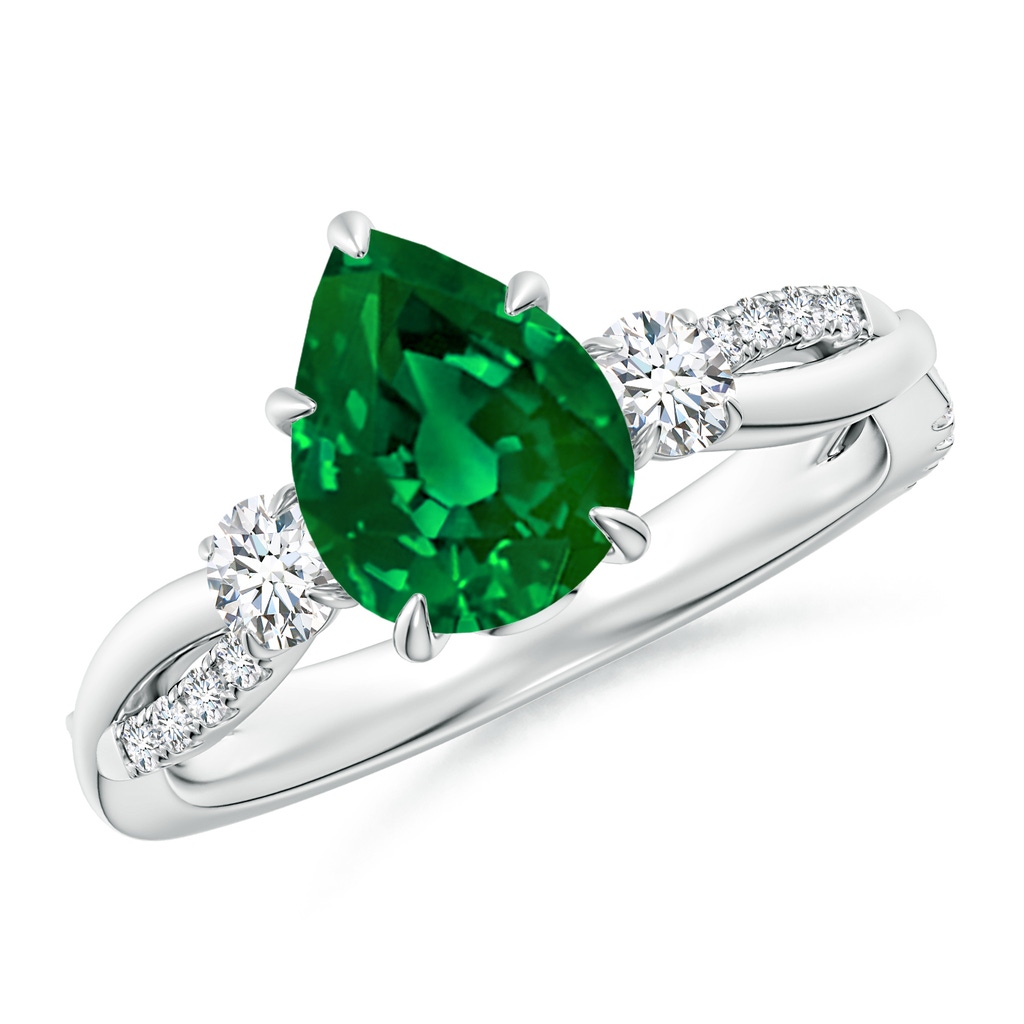 9x7mm Labgrown Lab-Grown Three Stone Pear Emerald & Round Diamond Engagement Ring in White Gold
