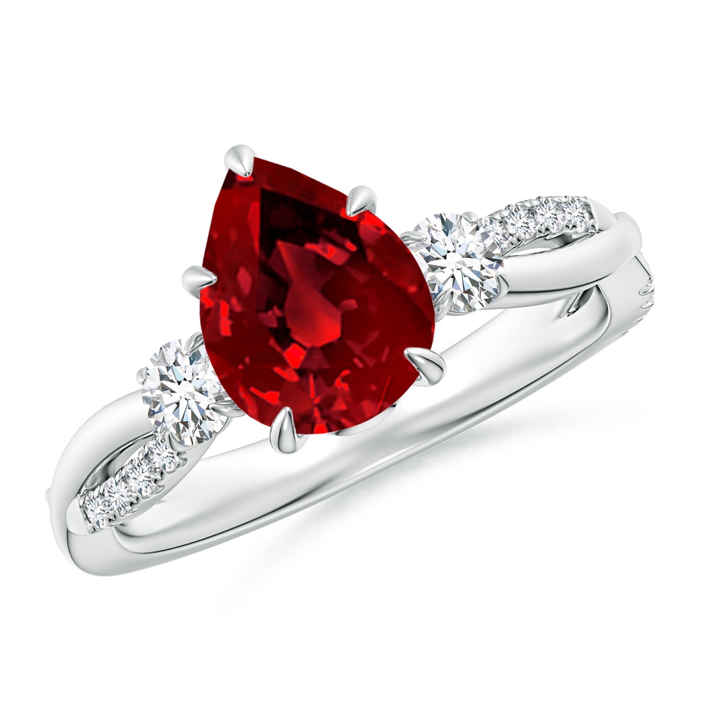 9x7mm Labgrown Lab-Grown Three Stone Pear Ruby & Round Diamond Engagement Ring in White Gold