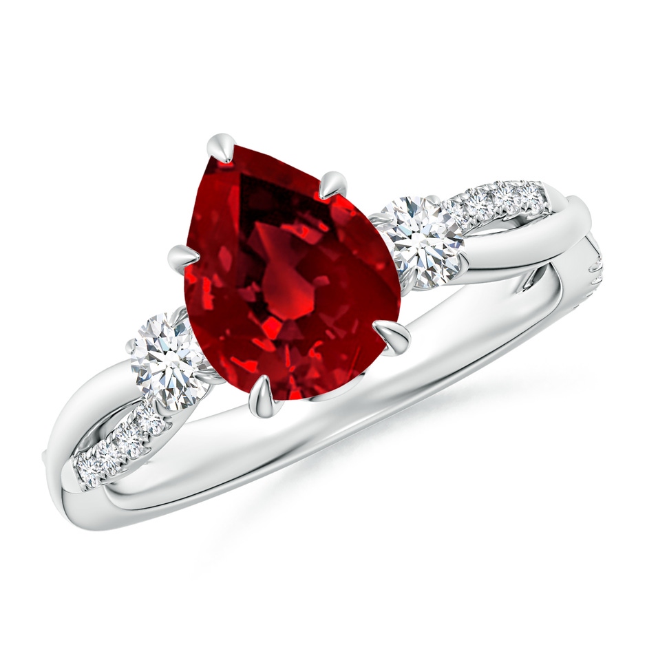 9x7mm Labgrown Lab-Grown Three Stone Pear Ruby & Round Diamond Engagement Ring in White Gold 