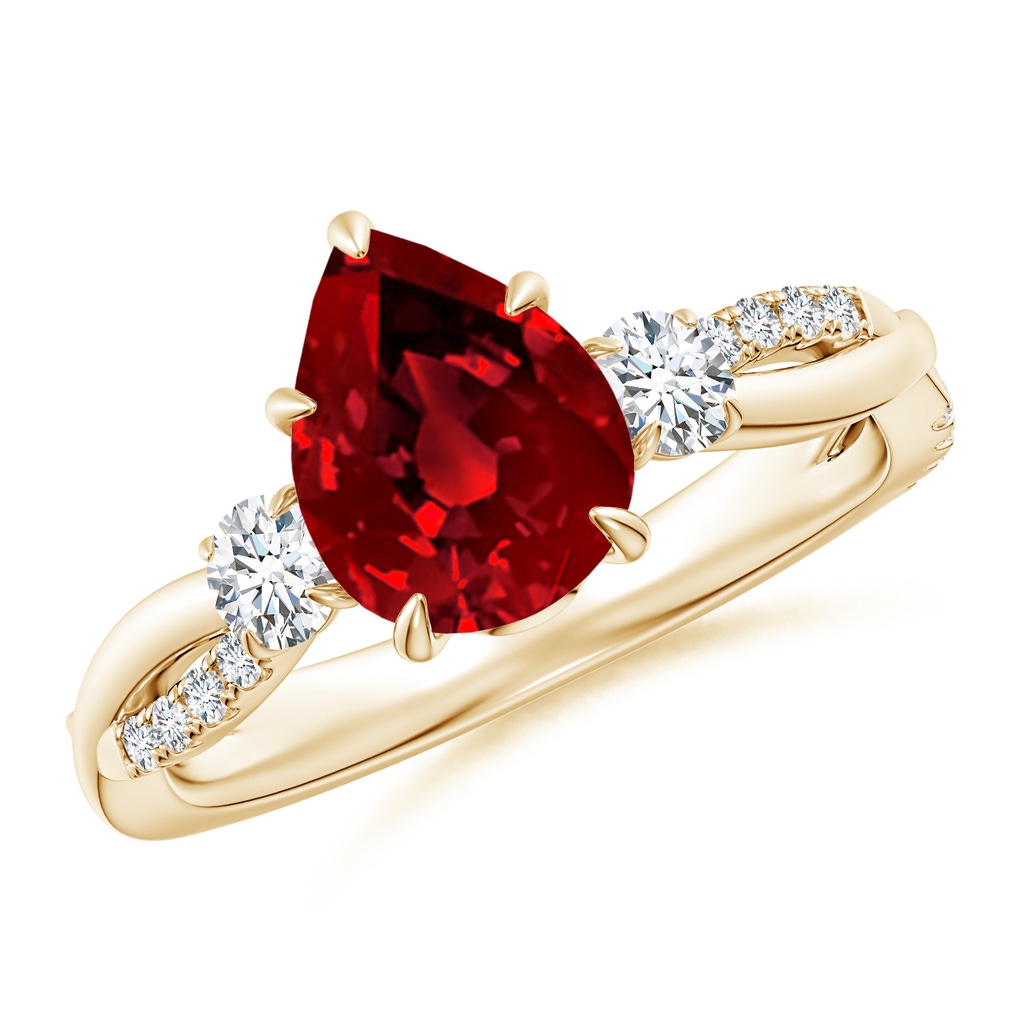 9x7mm Labgrown Lab-Grown Three Stone Pear Ruby & Round Diamond Engagement Ring in Yellow Gold