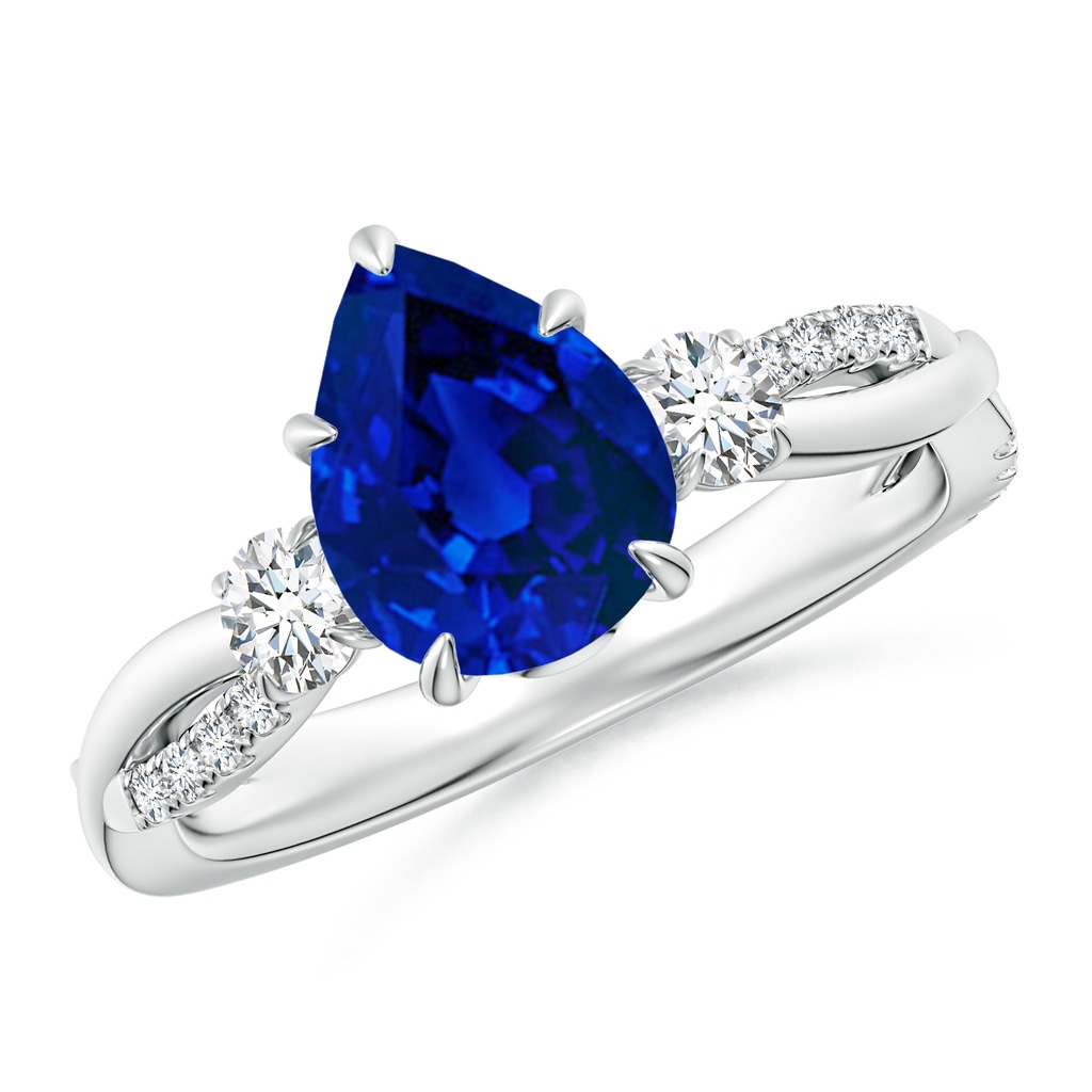 9x7mm Labgrown Lab-Grown Three Stone Pear Blue Sapphire & Round Diamond Engagement Ring in White Gold