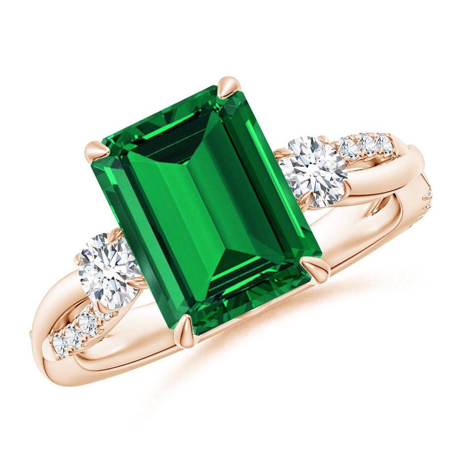 10x8mm Labgrown Lab-Grown Three Stone Emerald-Cut Emerald & Round Diamond Engagement Ring in 18K Rose Gold 