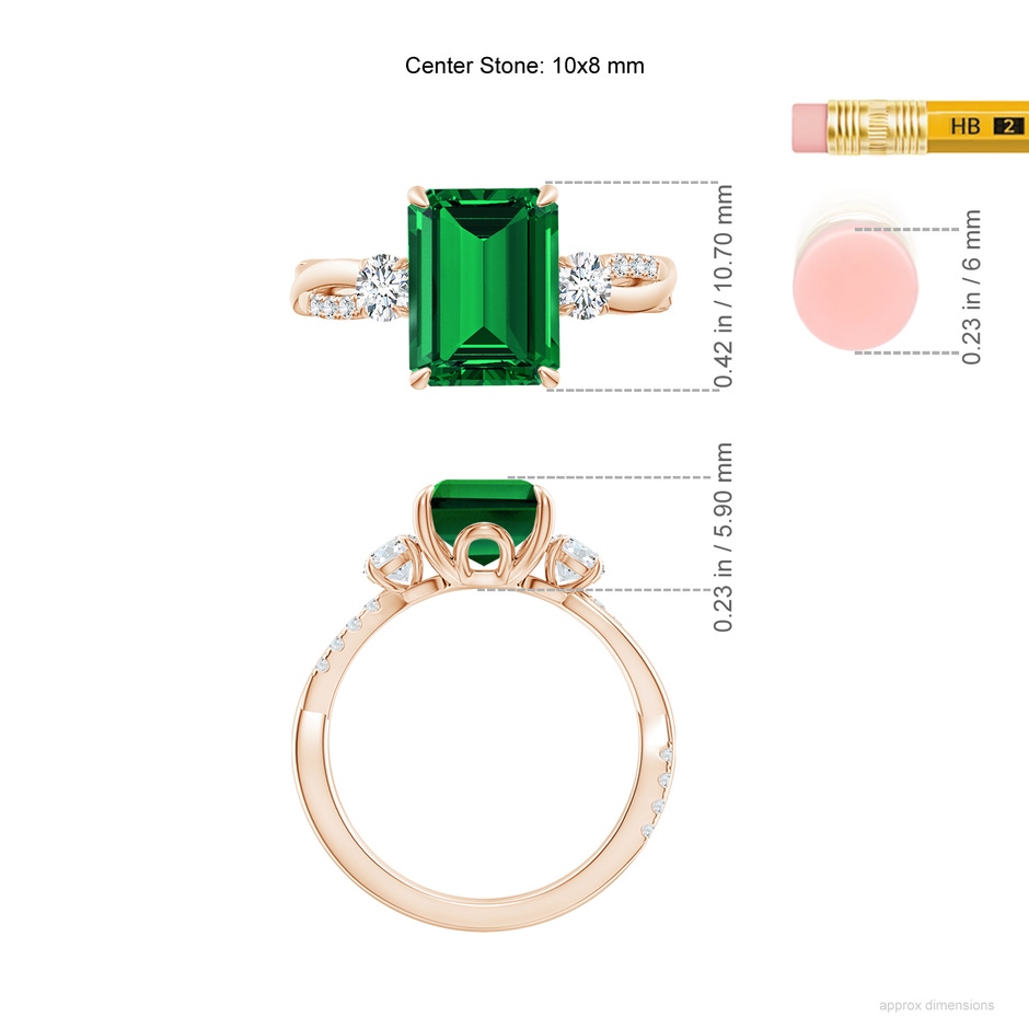 10x8mm Labgrown Lab-Grown Three Stone Emerald-Cut Emerald & Round Diamond Engagement Ring in 18K Rose Gold ruler