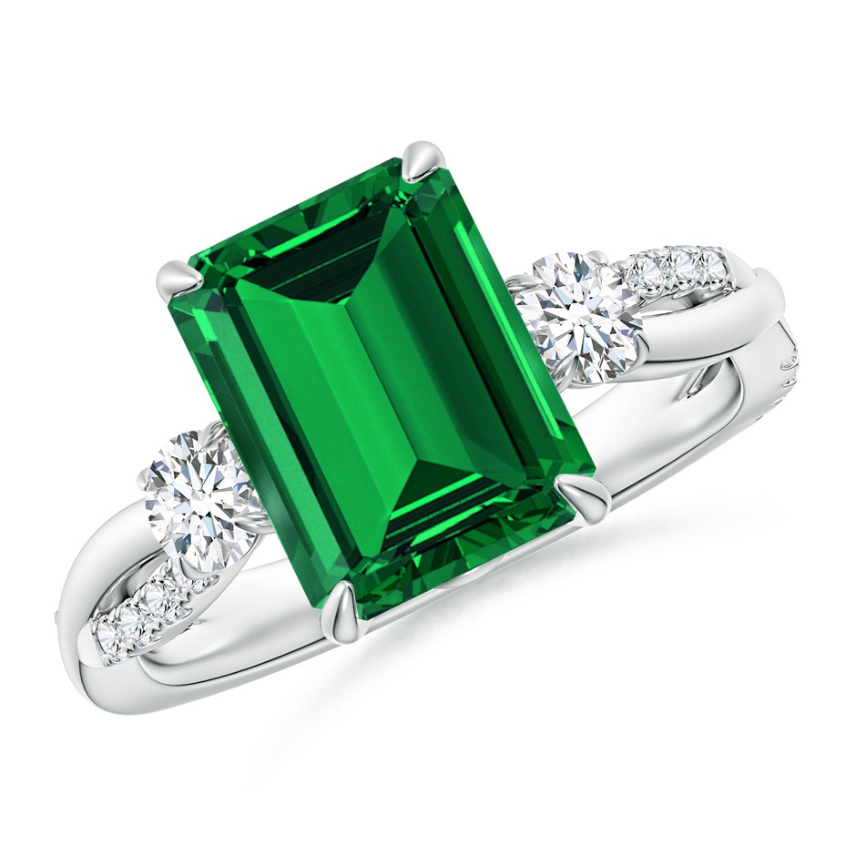 10x8mm Labgrown Lab-Grown Three Stone Emerald-Cut Emerald & Round Diamond Engagement Ring in 18K White Gold 