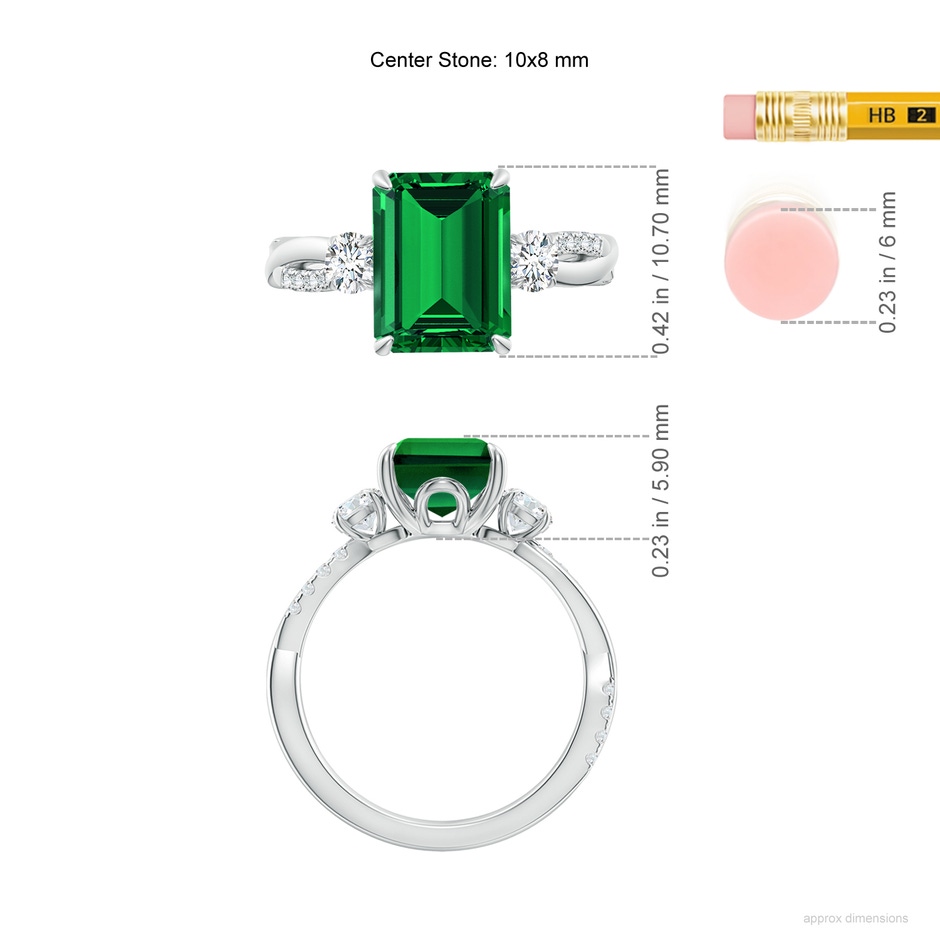 10x8mm Labgrown Lab-Grown Three Stone Emerald-Cut Emerald & Round Diamond Engagement Ring in 18K White Gold ruler