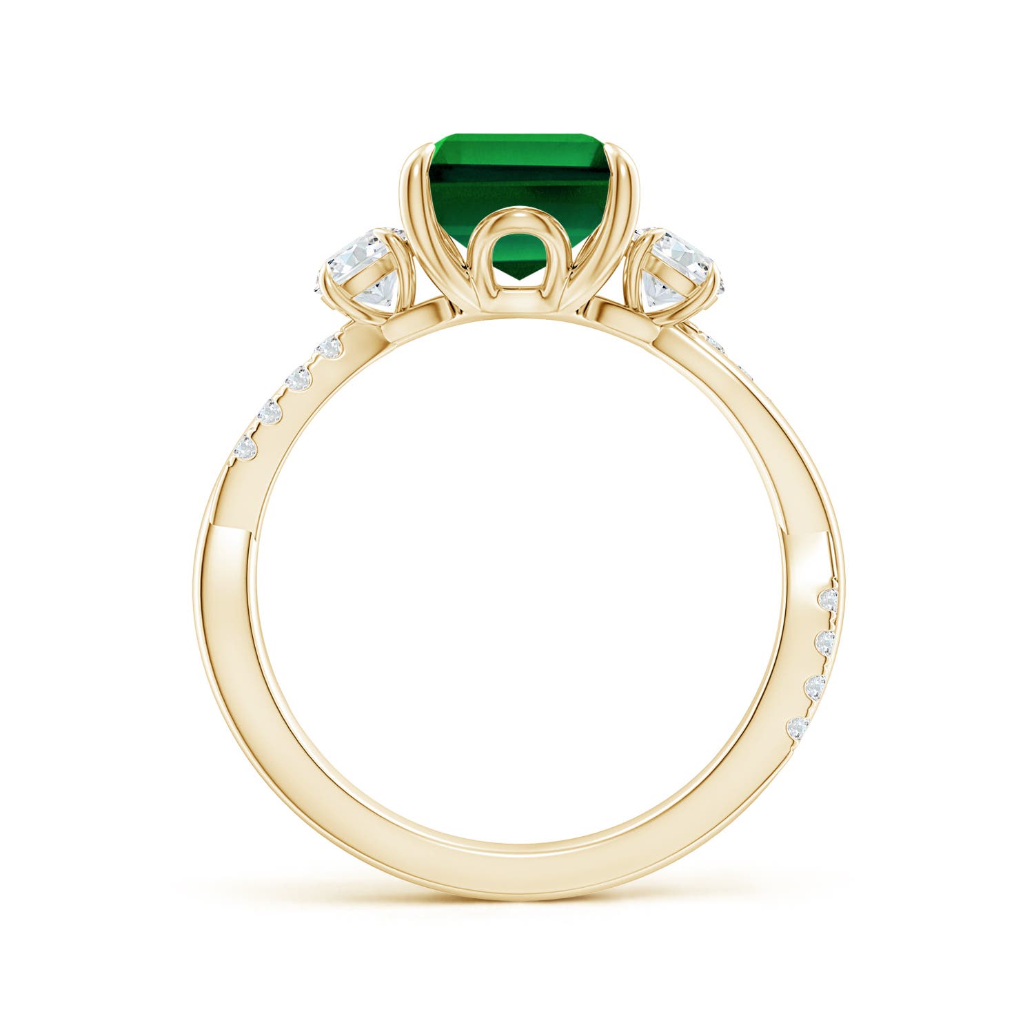 10x8mm Labgrown Lab-Grown Three Stone Emerald-Cut Emerald & Round Diamond Engagement Ring in 18K Yellow Gold