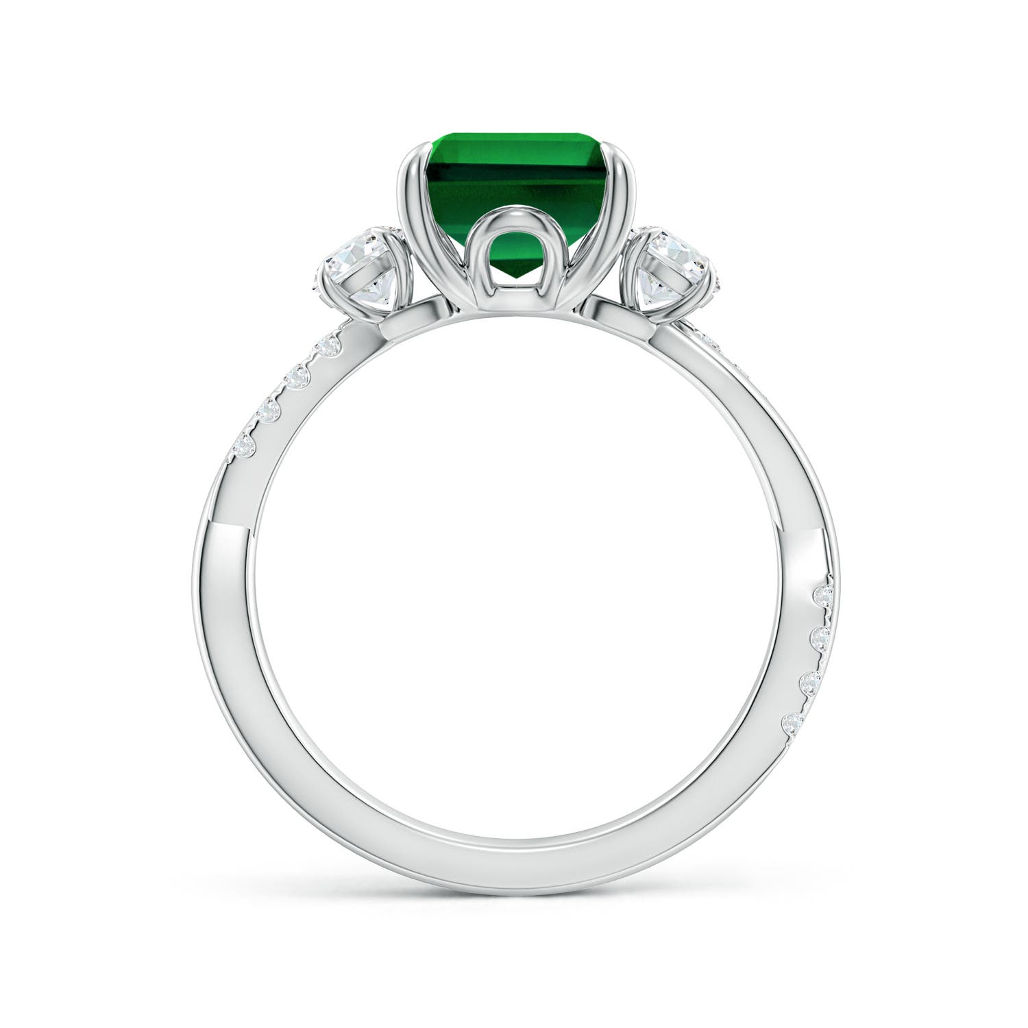 10x8mm Labgrown Lab-Grown Three Stone Emerald-Cut Emerald & Round Diamond Engagement Ring in White Gold