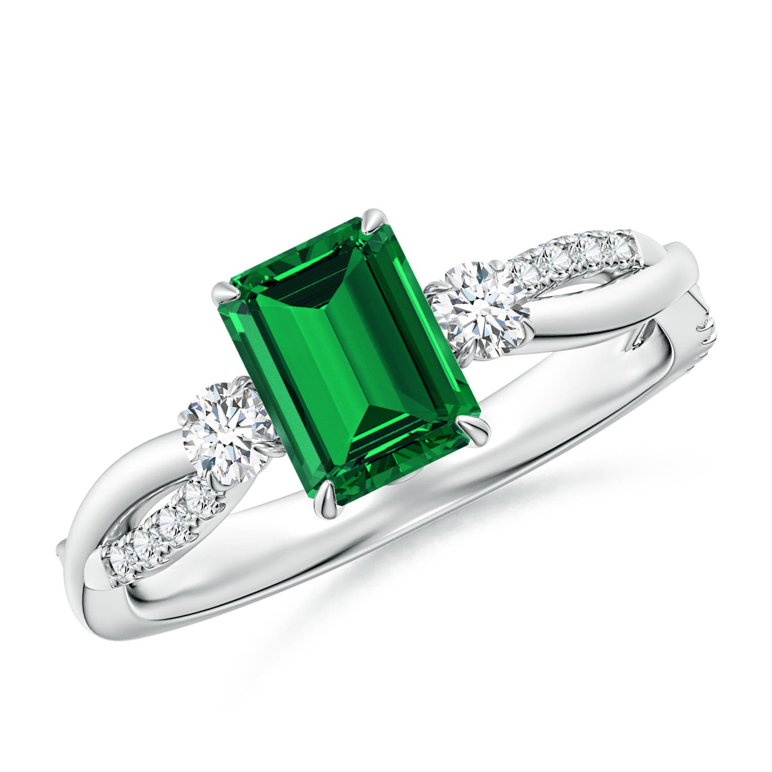 7x5mm Labgrown Lab-Grown Three Stone Emerald-Cut Emerald & Round Diamond Engagement Ring in 18K White Gold