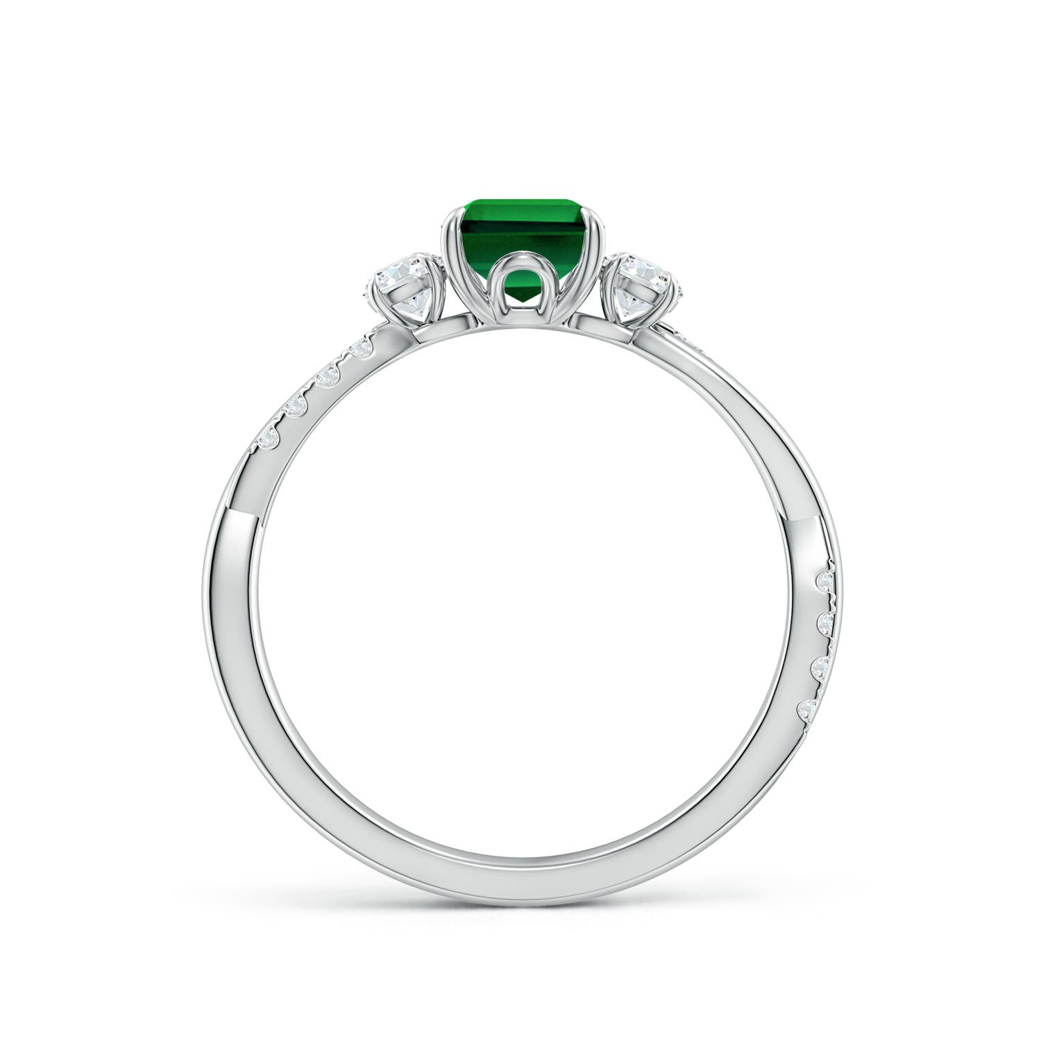 7x5mm Labgrown Lab-Grown Three Stone Emerald-Cut Emerald & Round Diamond Engagement Ring in 18K White Gold