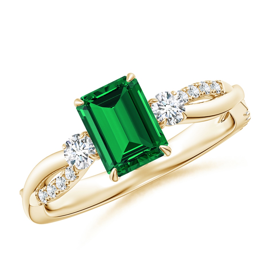 7x5mm Labgrown Lab-Grown Three Stone Emerald-Cut Emerald & Round Diamond Engagement Ring in Yellow Gold 