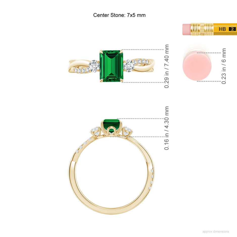 7x5mm Labgrown Lab-Grown Three Stone Emerald-Cut Emerald & Round Diamond Engagement Ring in Yellow Gold ruler